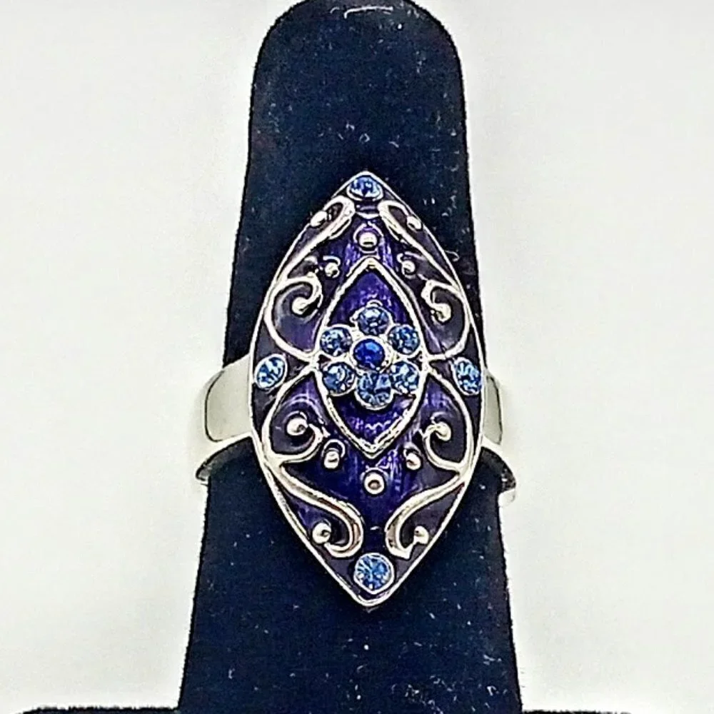 Blue Crystal & Enamel Silver Fashion Ring